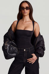 Soft Jersey Square-Neck Ruched Top in Black