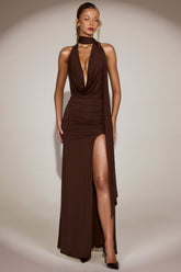 Soft-Jersey Plunge Halterneck Maxi Dress in Chocolate Brown