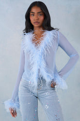 Feather Trim Sheer Top in Soft Blue
