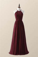 Halter Burgundy Pleated Long Bridesmaid Dress