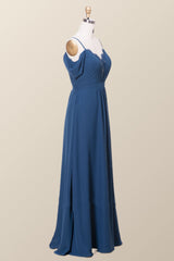 Off the Shoulder Navy Blue Chiffon Long Bridesmaid Dress