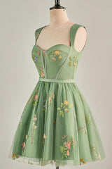 Cap Sleeves Green Floral Short Dress