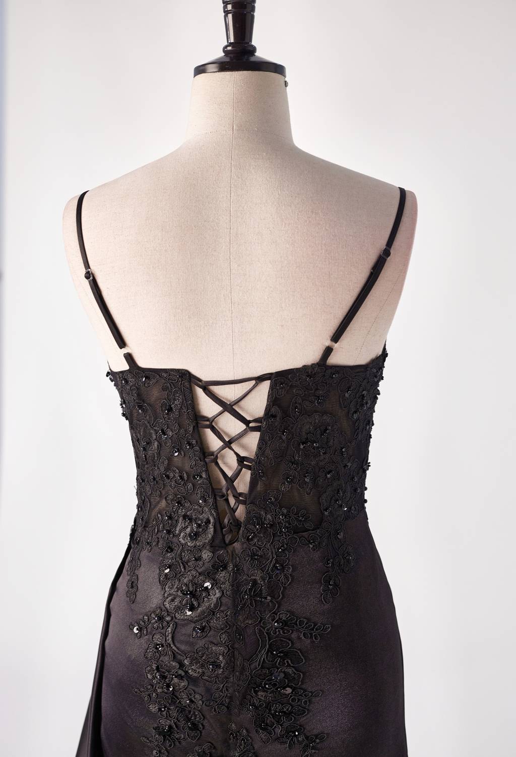 Black Satin Appliques Mermaid Long Dress with Slit