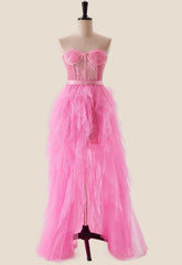 Hot Pink Bustier Ruffles Long Party Dress