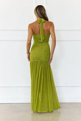 Evelyn Luxe Mesh Halter Maxi Dress Olive