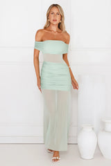 Dewdrop Dream Off Shoulder Mesh Maxi Dress Sage