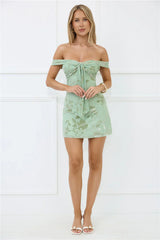 Fierce Dreams Off Shoulder Mesh Mini Dress Sage
