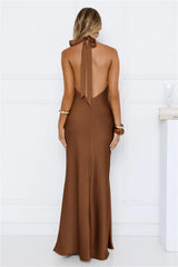 Cherry Whirl Satin Halter Maxi Dress Brown