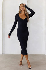 BASE The Must Own Long Sleeve Ribbed Midi Dress Black