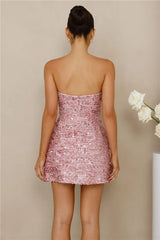 Exquisite Charm Tweed Sequin Strapless Mini Dress Pink