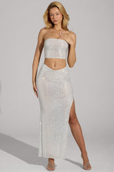 Embellished V-Waist Thigh-Split Maxi Skirt in White