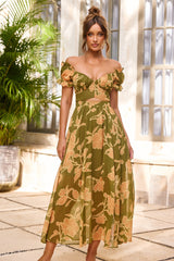 Solstice Bloom Chiffon Midi Dress - Olive Multi
