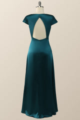 Cap Sleeves Dark Green Satin Long Bridesmaid Dress