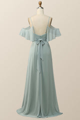Cold Sleeves Green Chiffon Pleated Long Bridesmaid Dress