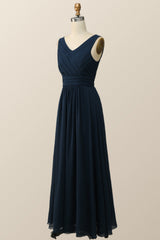 Navy Blue Pleated Chiffon A-line Long Bridesmaid Dress