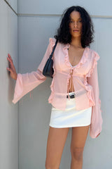 CHIFFON RUFFLED BLOUSE WITH TIES