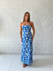 Caden Blue Tropical Strapless Maxi Dress