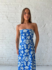 Caden Blue Tropical Strapless Maxi Dress