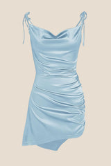 Cowl Neck Navy Blue Open Back Short Dress