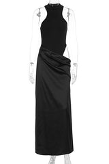 Black Halter Cut-out Ruched Fitted Long Dress