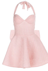 Halter Pink A-line Short Dress with Bow
