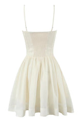 Beige Bow Spaghetti Strap Ruched Short Skirt