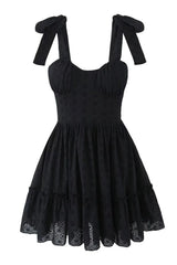 Black Straps Illusion Ruched Lase-up Short Dress