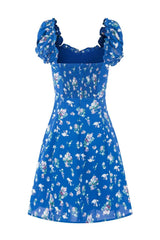 Blue Floral Puff Sleeves Bow Long Dress