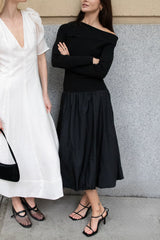 LONG SLEEVE OFF THE SHOULDER BUBBLE HEM MIDI DRESS