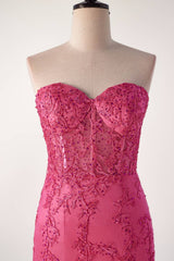 Hot Pink Lace Appliques Mermaid Long Formal Gown