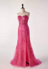 Hot Pink Lace Appliques Mermaid Long Formal Gown