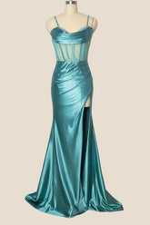 Light Teal Beaded Sheer Mermaid Long Dress