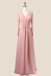 Long Sleeves Blush Pink Pleated Bridesmaid Dress