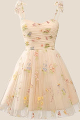 Champagne A-line Floral Short Princess Dress