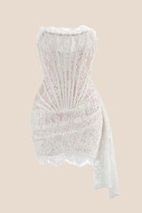 Ivory Tight Lace Short Dress with Train