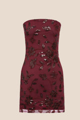 Burgundy Strapless Beaded Tight Mini Dress