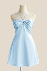 Halter Sage Green Back Tie A-line Short Dress