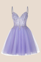 Lavender Straps Appliques A-line Short Dress