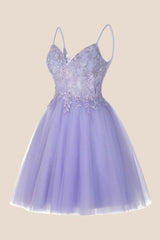 Lavender Straps Appliques A-line Short Dress
