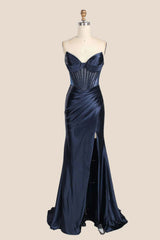 Navy Blue Beaded Ruched Satin Fitted Formal Dress