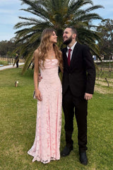 Pink Lace Cowl Neck A-line Long Dress