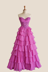 Hot Pink Lace Corset Chiffon Ruffle Long Dress