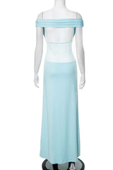 Off the Shoulder Blue Sheer Spandex Long Dress