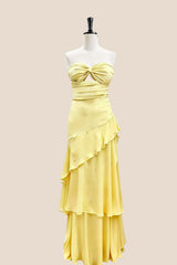 Keyhole Yellow Chiffon Ruffle Maxi Dress