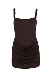 Brown Square Neck Ruched Tight Short Dress
