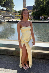 Blue Satin Strapless Fitted Slit Long Dress