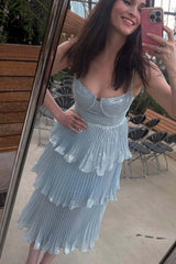 Light Blue Metallic Pleated Tiered Maxi Dress