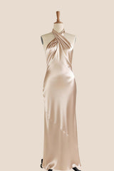 Cross Halter Champagne Satin Fitted Dress