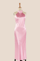 High Neck Pink Satin Fitted Long Bridesmaid Dress