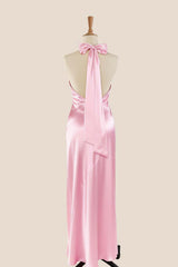 High Neck Pink Satin Fitted Long Bridesmaid Dress